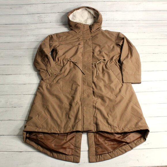 Old Navy Women's Utility Jacket Size L Brown Hooded Faux Fur Lining - Picture 1 of 10